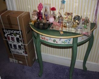 Stenciled Demi-Lune Table with Vanity Tray and Perfume Bottles