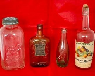 Old Bottles and Ball Jar, Yuba County Apricot Brandy, Virginia Etna Springs - Vinton, Va. Bottle, "Antique" Spiritus Frumenti Bottle - Produced 1912 by E.J. Curley, and Co. and Bottled at the Frankfort Distillery - For Medicinal Purposes Only.