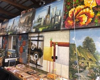 Huge Lot of large wall paintings never hung lots of variety bright colors great subject content 