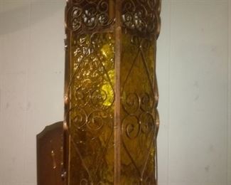Vintage Gothic Scroll Hanging Copper Amber Glass Lamp