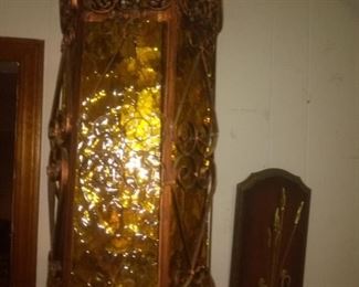 Vintage Hanging Gothic Scroll Copper Amber Glass Lamp