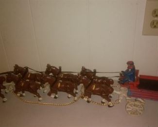 Cast Iron Beer Wagon with 8 Clydesdale Horses, Drivers with (Wood Barrels not pictured)
