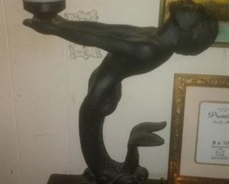 Vintage Art Deco Mermaid Lamp ~ Black 24 Inches Tall ~ Holding White Glass Orb