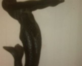 Vintage Art Deco Mermaid Lamp ~ Black 24 Inches Tall ~ Holding White Glass Orb