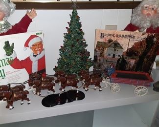 Vintage Kentucky Fried Chicken Christmas Promotional  Record , Mr. and Mrs. Claus. , Cast Iron Budweiser Cart and barrels, Black Sabbath LP, Vintage Record Coasters, Ceramic Christmas Tree