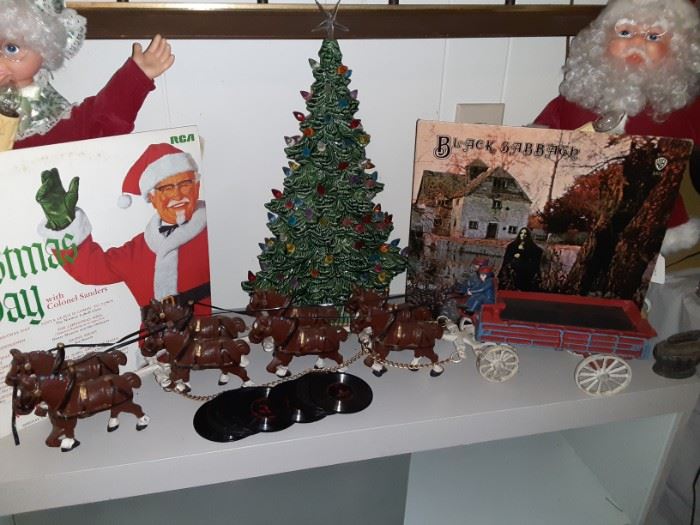 Vintage Kentucky Fried Chicken Christmas Promotional  Record , Mr. and Mrs. Claus. , Cast Iron Budweiser Cart and barrels, Black Sabbath LP, Vintage Record Coasters, Ceramic Christmas Tree