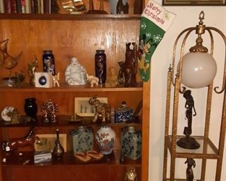 Book Shelf Vintage Books and Asian  Ceramic Vases,  Bronze Figurines