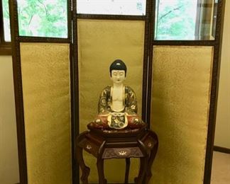 Screen with Beveled Glass, Brass Detailing, and Silk Upholstery - Satsuma Buddha