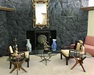 Pair of Adrian Pearsall "Jacks" Tables , Gilt Mirror, Asian Arm Chairs, and Vases