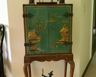 Vintage Chinoiserie Cabinet with Bronze Statue