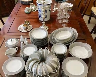 Set of Grey & White China by Sango - "Platina",  Pair of Sterling Candelabra, and Graceful Asian Dinning Room Table with 8 Chairs/Two Leaves