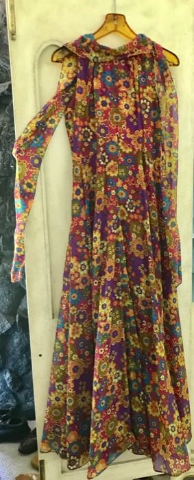 Fabulous Vintage Chiffon Full Length Dress with Attached Chiffon Scarf