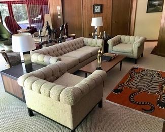 Mid Century Modern Dunbar Couch (Designer Roger Sprunger for Dunbar) & Matching  Tufted Chairs, MCM Coffee Table, Tibetan Wool Rug, and more...