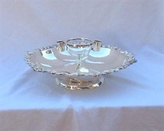 Silver on copper footed serving tray with glass bowl and toothpick holder