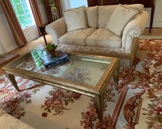 Gold leaf and glass rectangular coffee table, Beacon Hill Robert Allen matching loveseats