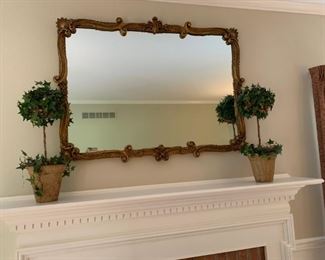 Vintage gold mirror, ivy topiaries