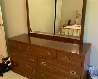 Ethan Allen campaign style long dresser, tall dresser and pair of bed side tables. In brand new condition.