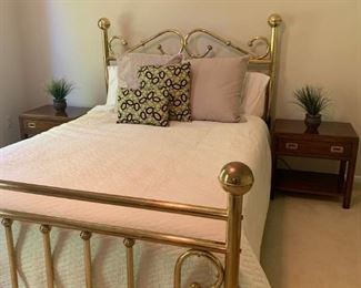 Brass bed, bedding, Ethan Allen night stands
