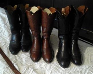 From left to right Bostoman 9 1/2 D, Two pairs Lu cchese 9 1/2 D cowboy boots