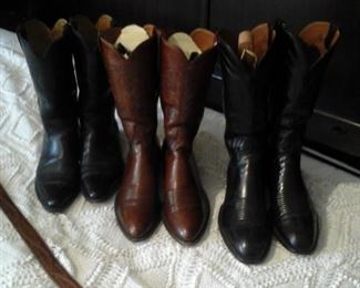 From left to right Bostoman 9 1/2 D, Two pairs Lu cchese 9 1/2 D cowboy boots 