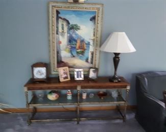 Large oil painting, awesome vintage sofa table nic nacs