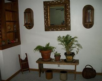 Antique Mirror, Wooden Bench, Small Crocks