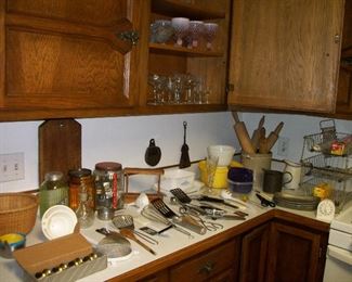 Kitchen Items, Orange & Green Depression Glass Canisters, Wooden Rolling Pins, Small Crock