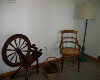 Cane Bottom Chair, Spinning Wheel, Lamp