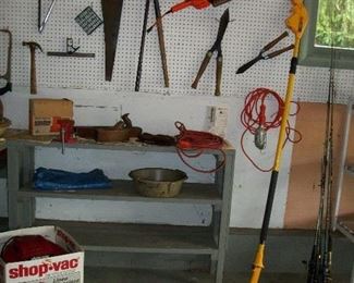 Shop Vac, Fishing Poles, Wood Planes, Black & Decker Trimmer, Hand Saw