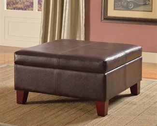HomePop Bonded Leather Square Storage Ottoman Coffee Table with Wood Legs, Brown