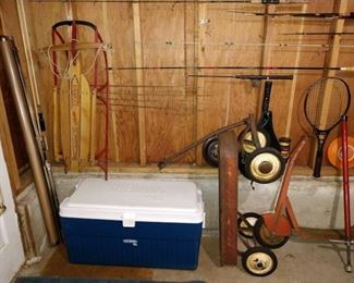 Basement: Sled, Cooler, Vintage Scooter