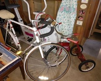 Basement: Schwinn Bicycle, Vintage Trike, Iron Board, Exercise Bike