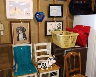 Basement: Pictures, Wood Chairs, Cane Chair, Small Refrigerator,