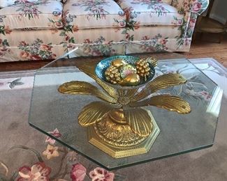 Wonderful Octagon glass table with brass flower pedestal