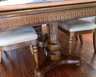 Bernhardt dining table, showing double pedestal- w/6 cane back chairs, 2 leaves and table pads 