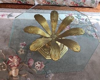 Wonderful Octagon glass table with brass flower pedestal