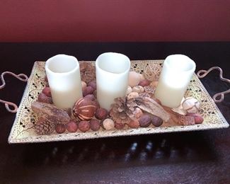 Battery candles, metal tray and fall décor 