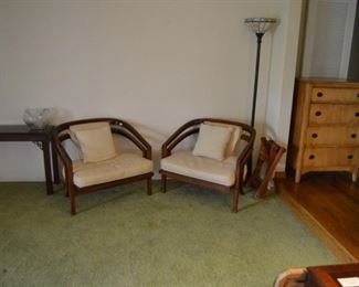 Two mid-century chairs of bent cherry. Recently re-strapped and reupholstered. We really love these, but room prohibits their move. Bye bye, babies.