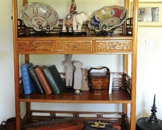 Chinese carved shelf; ginger jar collection; boxes; porcelain