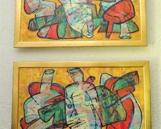 Diptych  by Peruvian artist Luis GARCIA-ZAPATERA, (Peruvian, b. 1963), Untitled Abstraction #1 & #2, oil on canvas, signed lower right, excellent condition.  22" x 28” each.  Framed in gold wood.