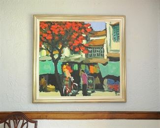 Tran LUU HAU (Vietnamese, b. 1928), Untitled Village Scene with Red Tree, oil on canvas, signed lower right, excellent condition.  40" x 43”.  Framed in antique silver wood.