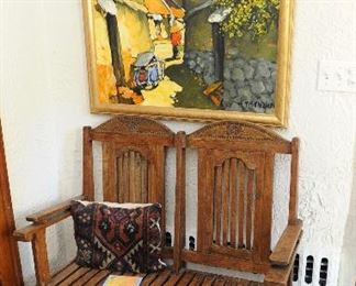 Carved bench; original work by Le Thanh SON (Vietnam, b. 1942), Untitled (Village Scene), oil on canvas, signed lower left, excellent condition.   40" x 35.5”  Gold wood frame