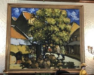 Le Thanh SON (Vietnam, b. 1942), Untitled (Village Scene), oil on canvas, signed lower left, excellent condition. 36" x 40”  Gold wood frame.