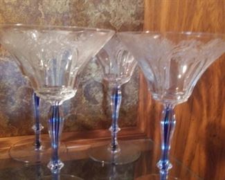 Vintage Bohemian etched glass with cobalt stem