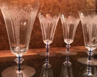 Vintage Bohemian etched glass with cobalt stem