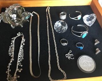 Sterling and Collectible Silver Troy Piece, with Various Tungsten Hawaiian and Celtic Type Jewelry. Swarovski Paperweights as well.