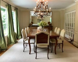 Bausman Dining Table and Custom Chairs can open to 12 t Hidden Leaves, Stark Carpet  Large Miror