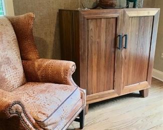 Bar Cabinet Opens to Much Storage Crate and Barrell, Wing Chair in Embossed Crock Leather 