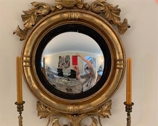 6. Gilt Carved Convex Mirror w/ Two Candlesticks (18'' x 32'')