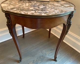 14. Antique Fruitwood Side Table w/ Marble Top & Brass Detail (31'' x 30'' x 30'')
